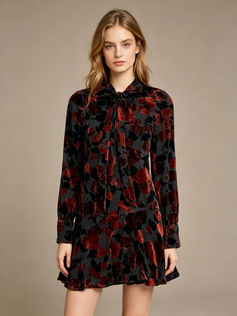 NWOT The Kooples Painted Roses Burnout Velvet Mini Dress Long Sleeve Size 0
